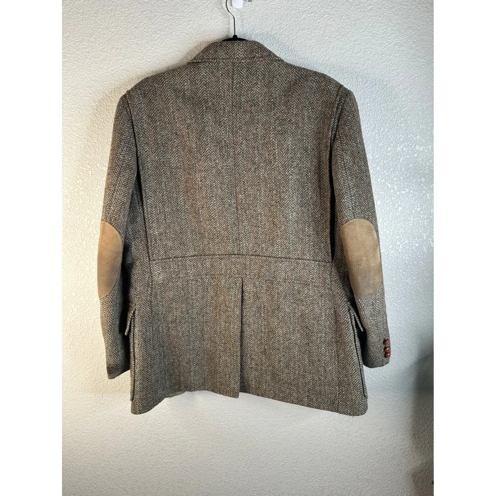 Harris Tweed Men's Brown Herringbone Tweed Suede Patch 100% Wool Blazer Jacket L